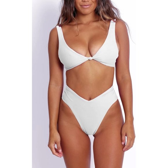 Women's White Solid V Neck Knot Front Push Up High Leg Thong Two Piece Swimsuit - Picture 2 of 8